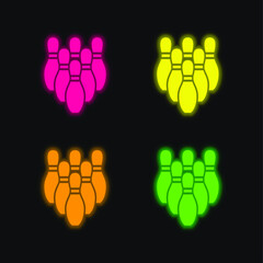 Bowling Pins four color glowing neon vector icon
