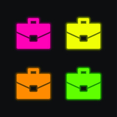 Briefcase four color glowing neon vector icon
