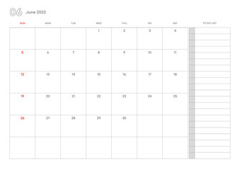 Simple June 2022 calendar template illustration.