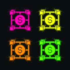 Blockchain four color glowing neon vector icon