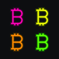 Bitcoin Sign four color glowing neon vector icon