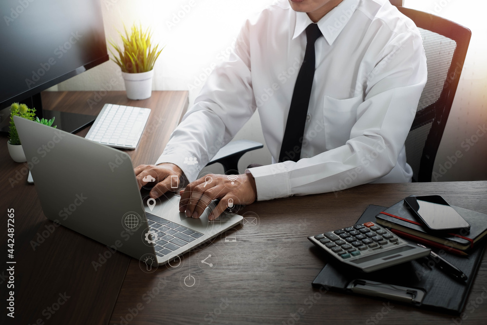 Poster digital marketing technology on network communication. businessman hands working with laptop compute