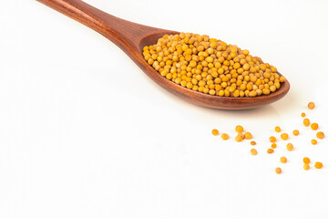 Mustard seeds in spoon on white background, top view, superfood concept with copy space.