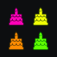 Birthday Cake four color glowing neon vector icon