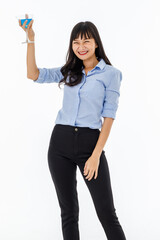 Pretty lady long black hair cute eyes standing smiling with happy and holding cocktail glass on white background.