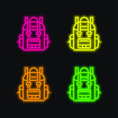 Backpack four color glowing neon vector icon