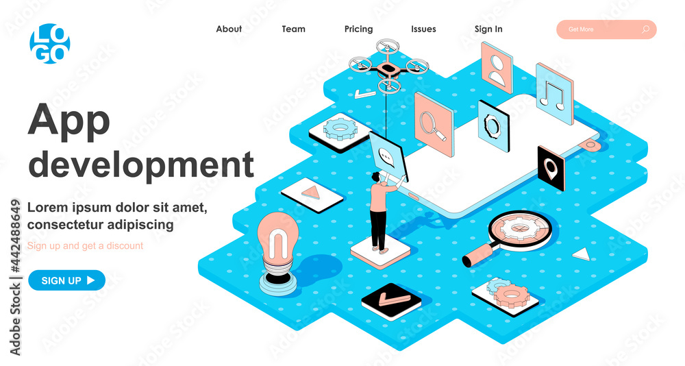 Aufkleber App development isometric concept. Developer creates layout with buttons for mobile application, usability interface, line flat isometry web banner. Vector illustration in 3d design for landing page