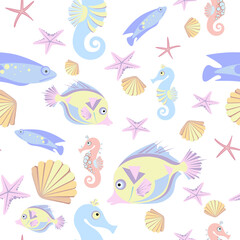 Naklejka premium Seamless pattern of abstract fish, starfish, shell and seahorse on white background. Cartoon style.