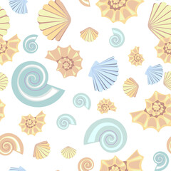 Materiał do szycia Colorful sea shells on a white background. Seamless pattern. Flat style.