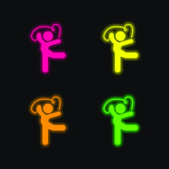 Artistic Gymnast Posture With Ribbon four color glowing neon vector icon