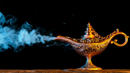 Antique Oriental Aladdin Arabian lamp with Soft Light Smoke. Lamp of Wishes