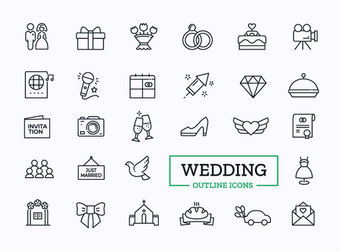 Vector wedding thin line icons with symbol of heart, marriage ceremony, dress for holiday