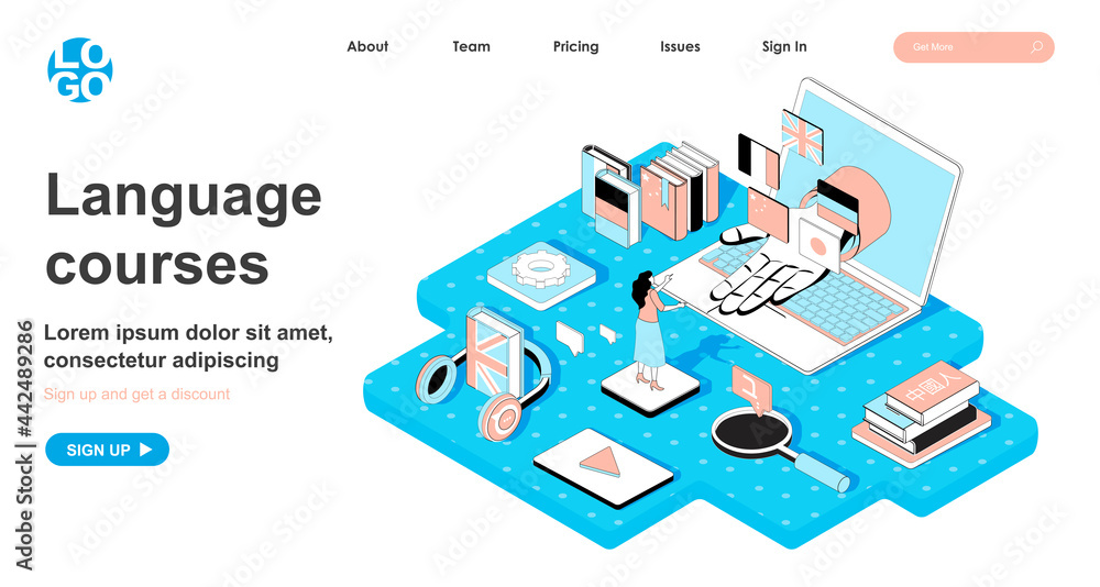 Fototapete Language course isometric concept. Student learns foreign language, learns from video and webinars, online education, line flat isometry web banner. Vector illustration in 3d design for landing page