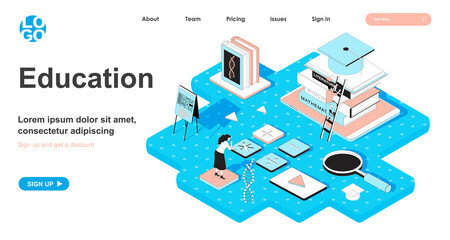 Education isometric concept. Students study at school, college or university, learn subjects in courses, graduation, line flat isometry web banner. Vector illustration in 3d design for landing page