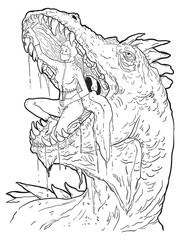 Girl sitting in the mouth of a huge lizard dragon and treats his teeth. Black and white vector illustration