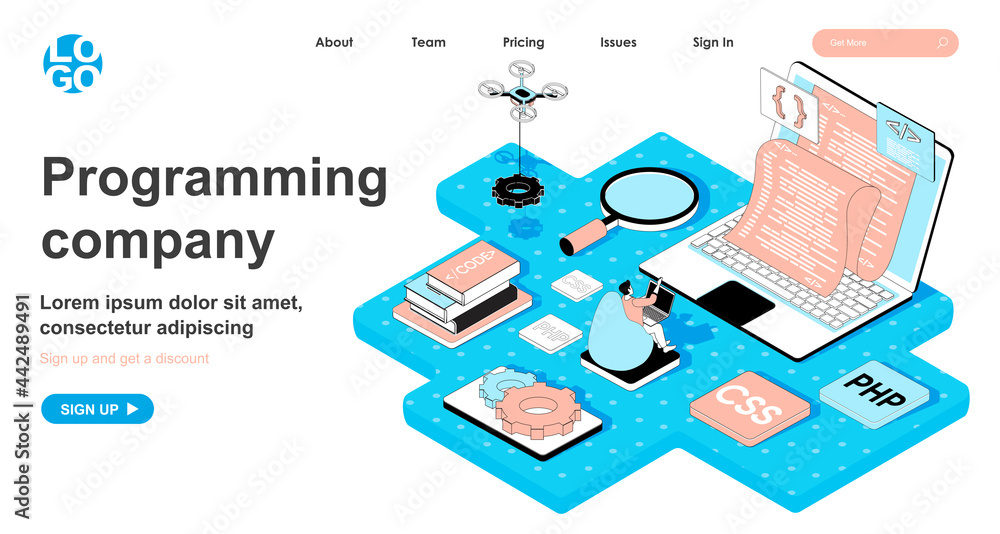 Poster Programming company isometric concept. Programmer writes code, develops and configures programs, creates software, line flat isometry web banner. Vector illustration in 3d design for landing page