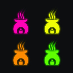 Aromatherapy Tool With A Burning Candle Heating Fragrance Oil four color glowing neon vector icon