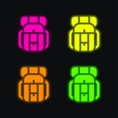 Backpack four color glowing neon vector icon