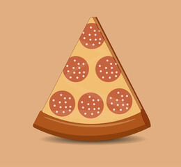 A slice of pizza with salami on a brown background in close-up and a place for text in the form of an illustratio