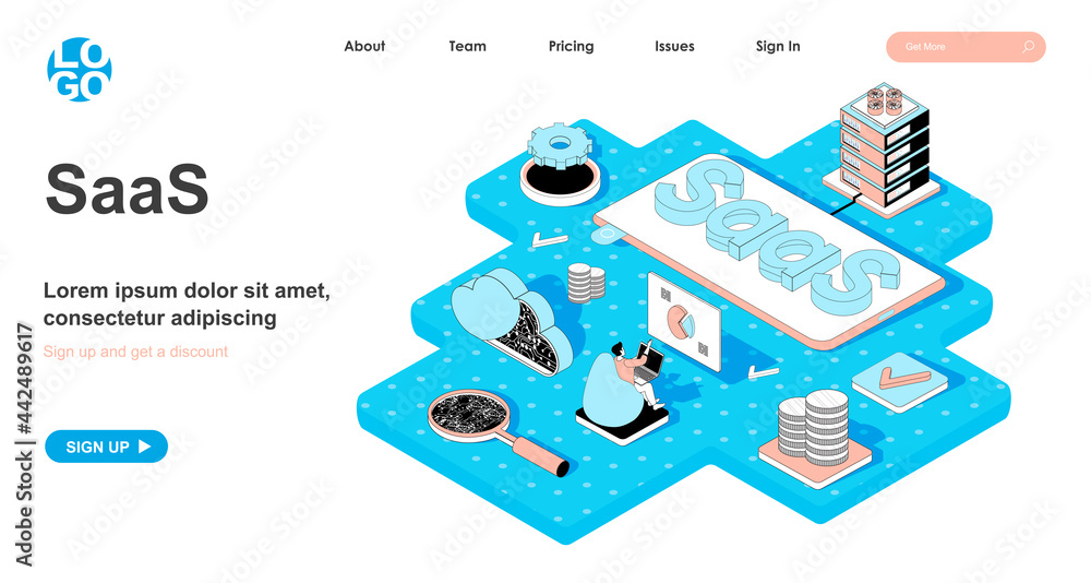 Aufkleber saas isometric concept. distribution of software by subscription, service for purchasing licenses an
