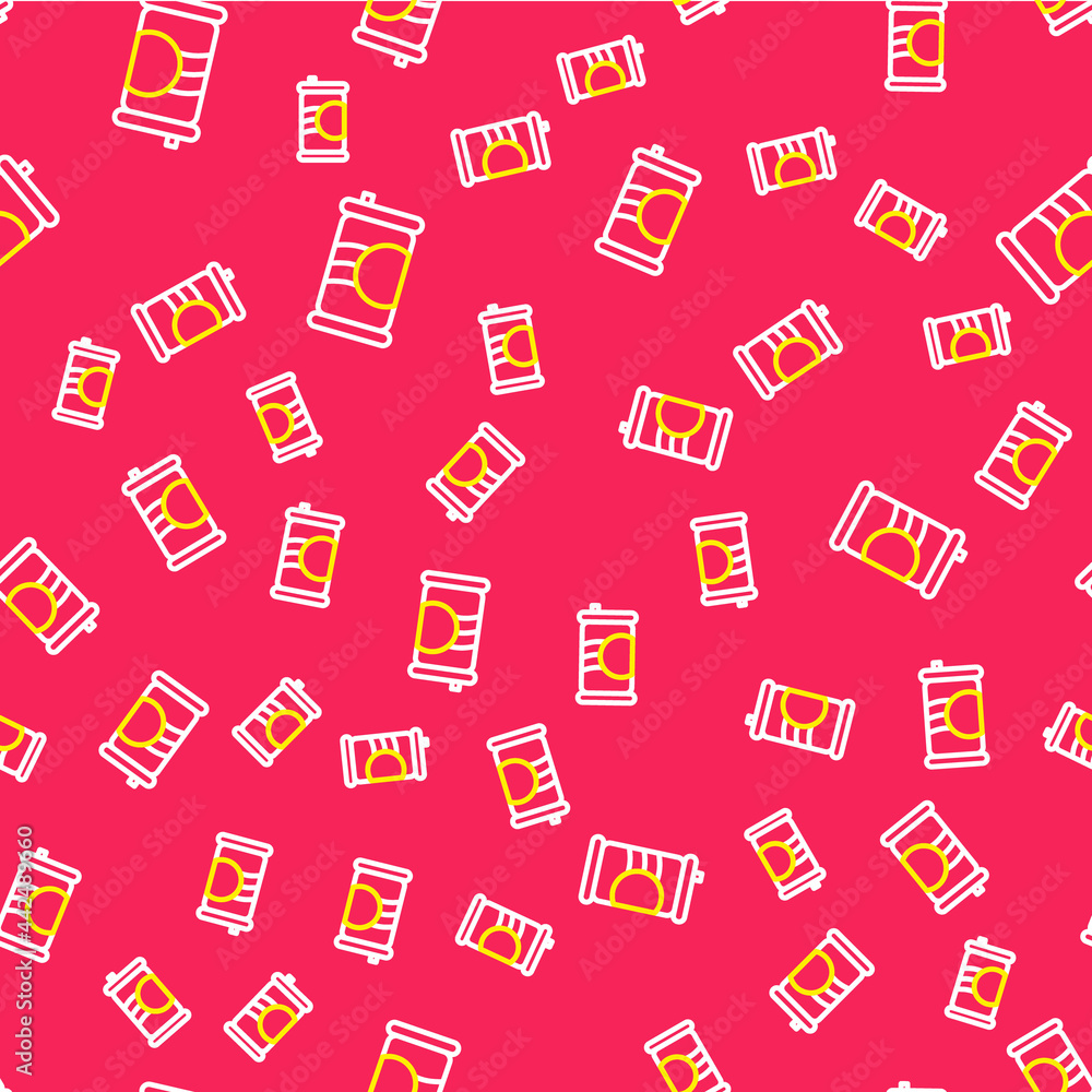 Poster line soda can icon isolated seamless pattern on red background. vector