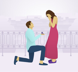 A guy makes an offer to a girl to marry him in a park against the background of the city. Illustration.