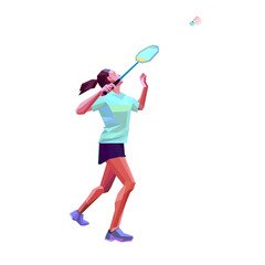 Polygonal professional female badminton player. Vector illustration