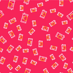 Line Soda can icon isolated seamless pattern on red background. Vector