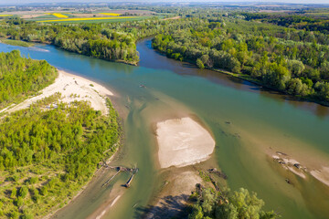 Aerial view of the confluence of Mura and Drava rivers