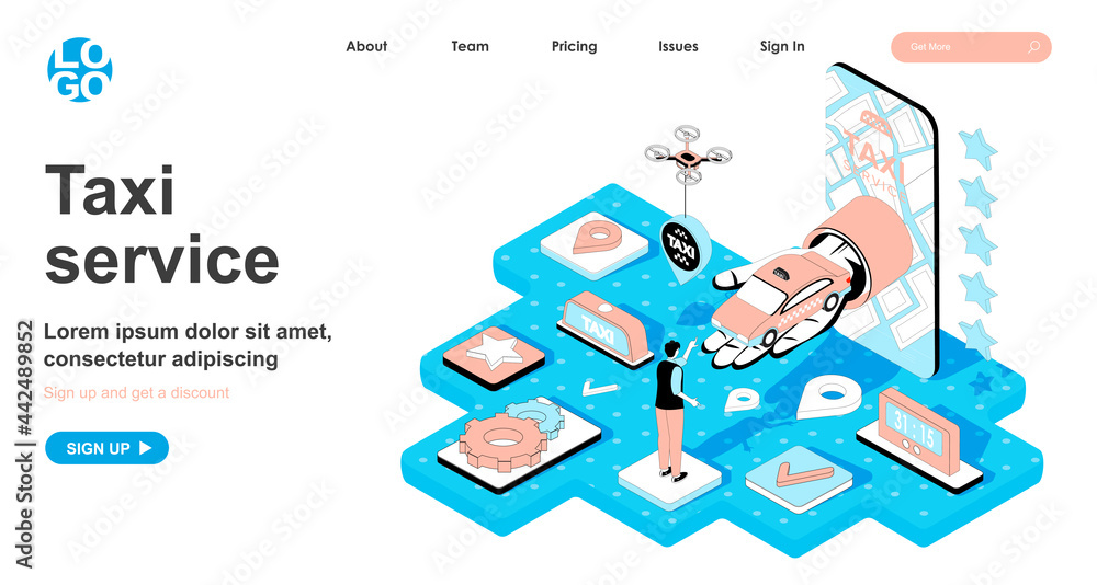 Poster taxi service isometric concept. ordering car in mobile application, transfer and city transportation