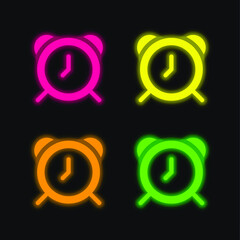 Alarm Clock four color glowing neon vector icon