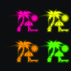 Beach four color glowing neon vector icon