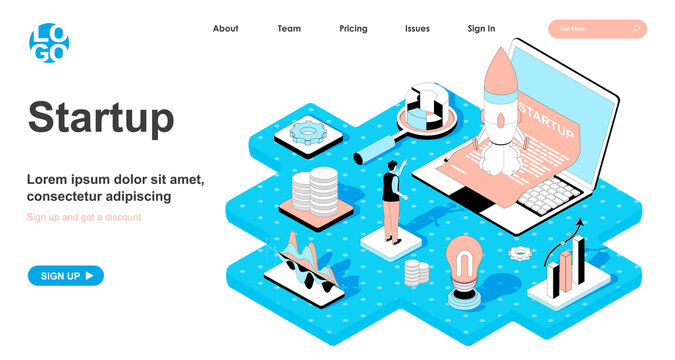 Startup isometric concept. Man starts new business, online project, development of idea and innovations introduction, line flat isometry web banner. Vector illustration in 3d design for landing page