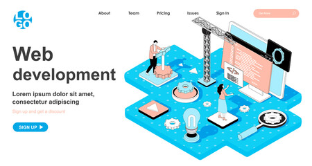 Web development isometric concept. Developers building website, writing code, testing, customize and optimize page, line flat isometry web banner. Vector illustration in 3d design for landing page