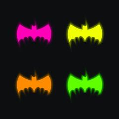 Bat With Big Wings Silhouette four color glowing neon vector icon