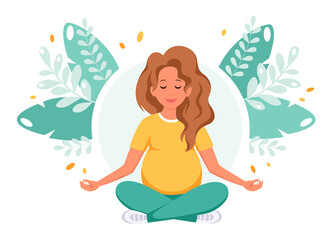 Pregnant woman meditating in lotus pose. Healthy pregnancy concept. Vector illustration