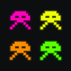 Alien Ufo Pixelated Game Shape four color glowing neon vector icon