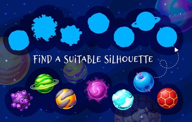 Galaxy kids game find a suitable planet silhouette