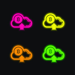 Bitcoin On Cloud With Up Arrow Symbol four color glowing neon vector icon