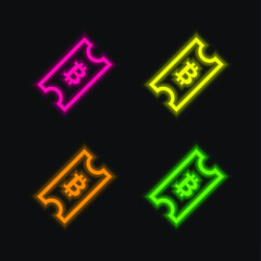 Bitcoin Ticket four color glowing neon vector icon