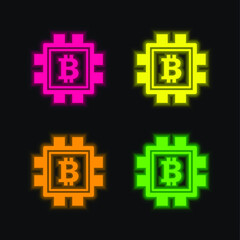 Bitcoin In Processor four color glowing neon vector icon