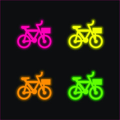 Fototapeta premium Bicycle four color glowing neon vector icon