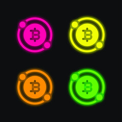 Bitcoin four color glowing neon vector icon