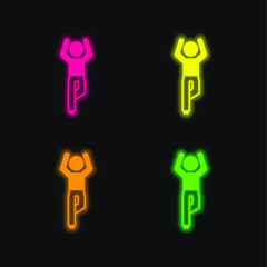 Boy Flexining Leg And With Arms Up four color glowing neon vector icon