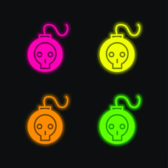Bomb With Skull Outline four color glowing neon vector icon