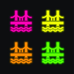 Obraz premium Bridge four color glowing neon vector icon