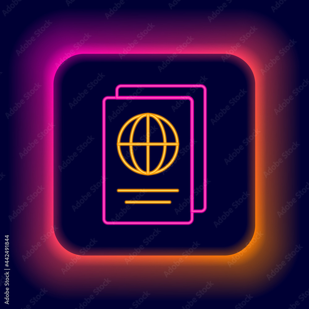 Poster glowing neon line passport with biometric data icon isolated on black background. identification doc