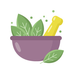 Mortar and pestle with leaves. Natural medicine concept. Vector illustration - obrazy, fototapety, plakaty