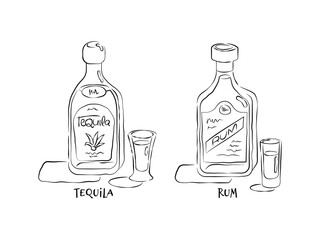 Tequila and rum. Bottle and glass in hand drawn style. Restaurant illustration for celebration design. Retro sketch. Line art. Design element. Beverage outline icon. Isolated on white background