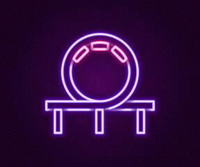 Glowing neon line Roller coaster icon isolated on black background. Amusement park. Childrens entertainment playground, recreation park. Colorful outline concept. Vector